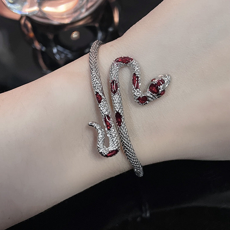 Silver Snake Bracelet & Ring Set with Red Gem Inlay