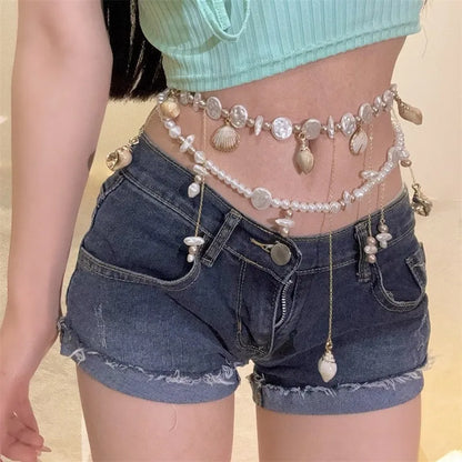 Multi-Layer Shell Pearl Tassel Stacking Waist Chain