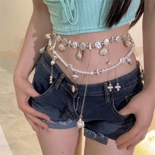 Multi-Layer Shell Pearl Tassel Stacking Waist Chain