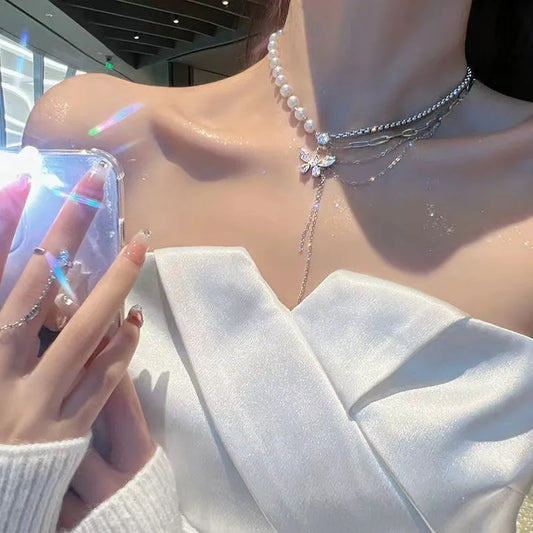 Elegant Pearl & Zircon Butterfly Necklace – Fashion Tassel Pendant, Luxury Clavicle Chain for Women