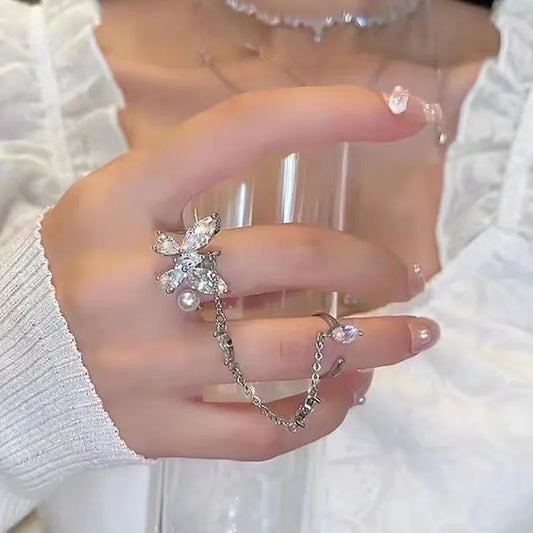 Elegant Pearl & Zircon Butterfly Ring – Fashion Tassel Ring, Luxury Clavicle Chain for Women