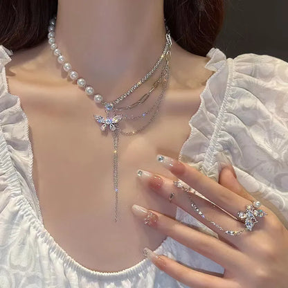 Elegant Pearl & Zircon Butterfly Ring – Fashion Tassel Ring, Luxury Clavicle Chain for Women