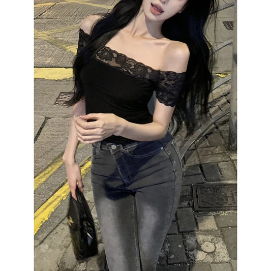 Women's Summer Slim-Fit Top – Lace-Stitched Shoulder Collar Knit Design