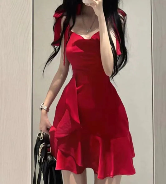 Women's Hot Girl Red Sling Dress – Elegant Summer Sleeveless A-Line Mini Dress with Slim Waist