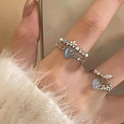Blue Heart & Romantic Heart Gemstone Silver Ring – Pearl Accent Design