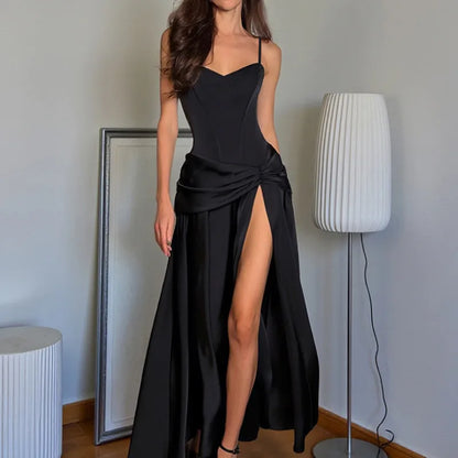 Sexy Strapless European-Style Bodycon Gown – Open Split Long Dress, Sleeveless, Pure Color, Autumn Fashion
