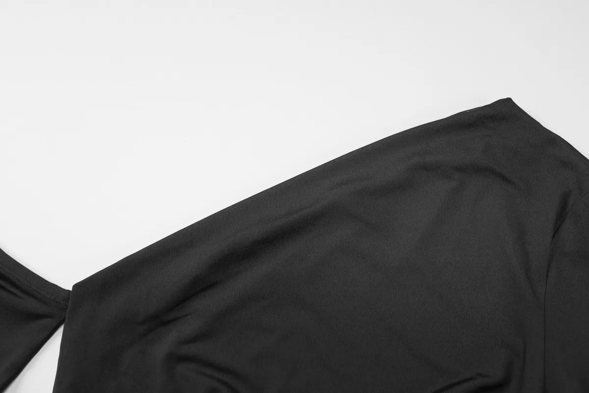 Women's Sexy One-Shoulder Black Maxi Dress – Long Sleeve Asymmetrical High Slit Slim Fit Evening Gown (Code: ZX#257)