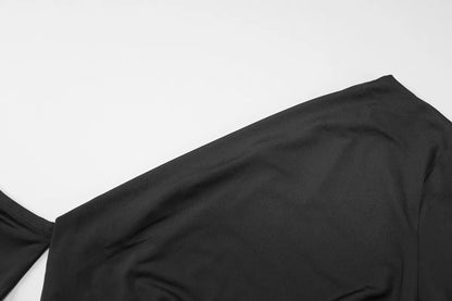 Women's Sexy One-Shoulder Black Maxi Dress – Long Sleeve Asymmetrical High Slit Slim Fit Evening Gown (Code: ZX#257)