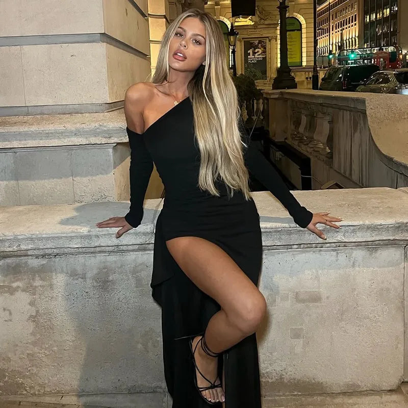 Women's Sexy One-Shoulder Black Maxi Dress – Long Sleeve Asymmetrical High Slit Slim Fit Evening Gown (Code: ZX#257)