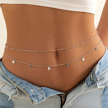 Minimalist Silver Waist Chain – Layered Beaded Belly Chain with Round Charm