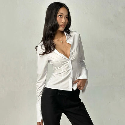 Women’s Slim Fit Button Down Shirt – Elegant Long Sleeve Solid Color Style Blouse