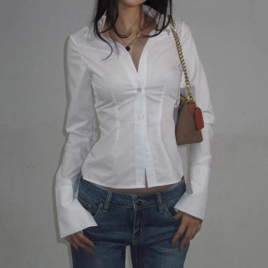 Women’s Slim Fit Button Down Shirt – Elegant Long Sleeve Solid Color Style Blouse