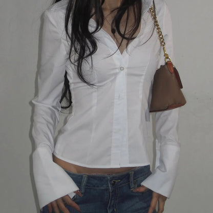 Women’s Slim Fit Button Down Shirt – Elegant Long Sleeve Solid Color Style Blouse
