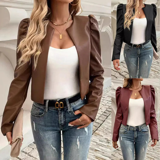 Puff Shoulder Short Leather Jacket (Code-ZX#382)