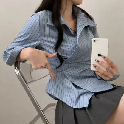 Women’s Slim Fit Striped Shirt – Elegant Long Sleeve Bubble Sleeve Top with Irregular Waist Cinching Design