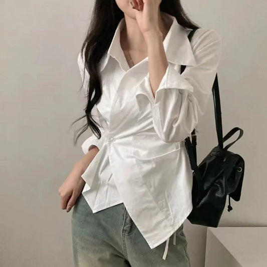 Women’s Slim Fit Striped Shirt – Elegant Long Sleeve Bubble Sleeve Top with Irregular Waist Cinching Design