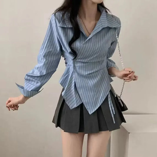 Women’s Slim Fit Striped Shirt – Elegant Long Sleeve Bubble Sleeve Top with Irregular Waist Cinching Design