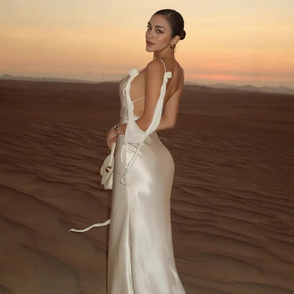 Women’s Elegant Satin Slip Maxi Dress – Backless Spaghetti Strap Evening Gown