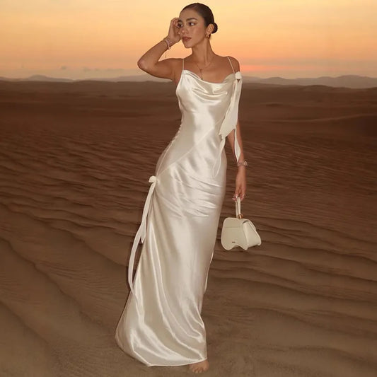 Women’s Elegant Satin Slip Maxi Dress – Backless Spaghetti Strap Evening Gown