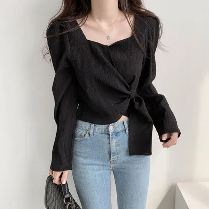 Women's Elegant Square Neck Tie-Waist Long Sleeve Blouse