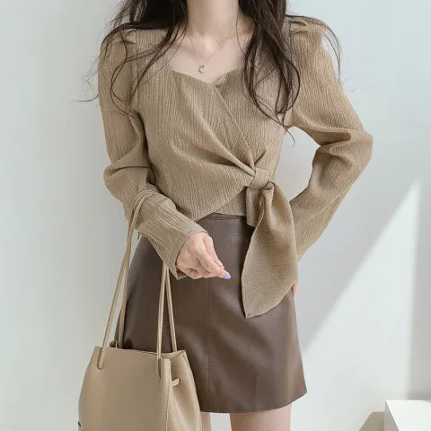 Women's Elegant Square Neck Tie-Waist Long Sleeve Blouse