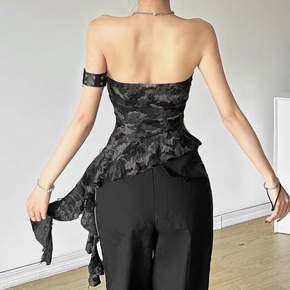 Women's Sexy Camouflage Strapless Corset Top – Off-Shoulder Backless Irregular Hem Bustier Vest