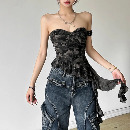 Women's Sexy Camouflage Strapless Corset Top – Off-Shoulder Backless Irregular Hem Bustier Vest