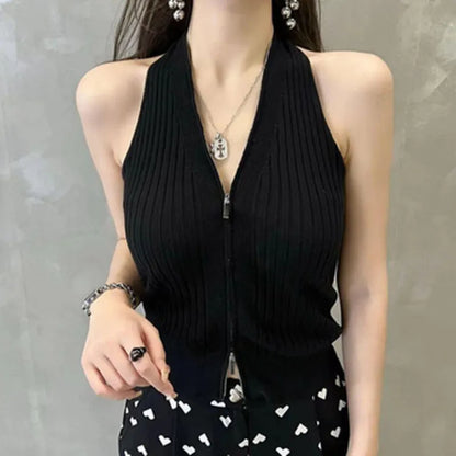 Women's Summer Backless Knitted Camisole – Slim-Fit Zipper Neck Spice Girls Style