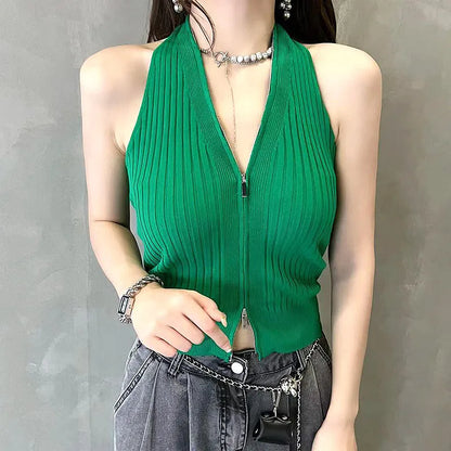 Women's Summer Backless Knitted Camisole – Slim-Fit Zipper Neck Spice Girls Style