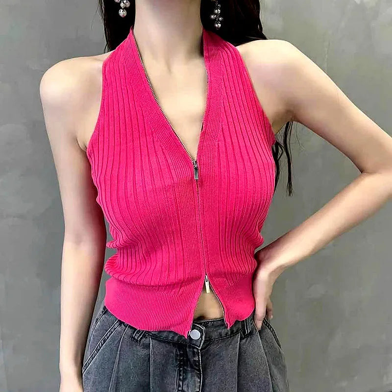 Women's Summer Backless Knitted Camisole – Slim-Fit Zipper Neck Spice Girls Style