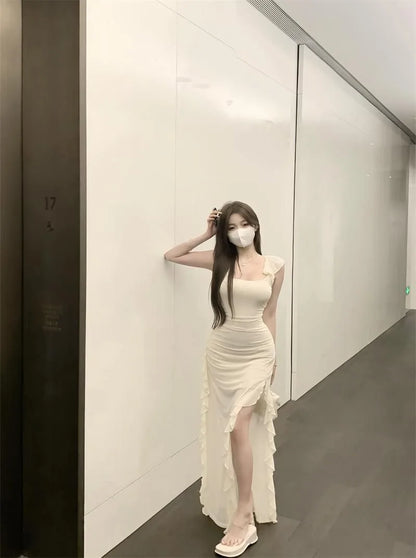 Elegant Taupe Ruched Maxi Dress – Sleeveless Ruffle Slit Slim Fit Evening Gown