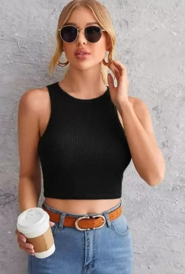 Women’s Ribbed Body Shaping Crop Top – Cotton Blend Sleeveless Slim Fit