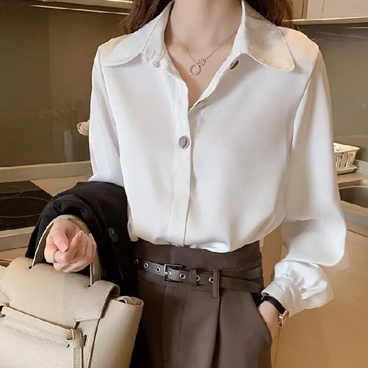 Women’s White Chiffon Blouse – Elegant Long Sleeve Loose Fit Professional Shirt for Spring & Autumn