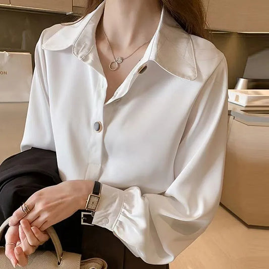 Women’s White Chiffon Blouse – Elegant Long Sleeve Loose Fit Professional Shirt for Spring & Autumn