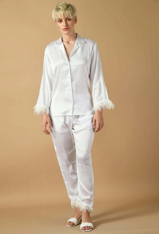 White Satin Feather Co-Ord Set For Women's