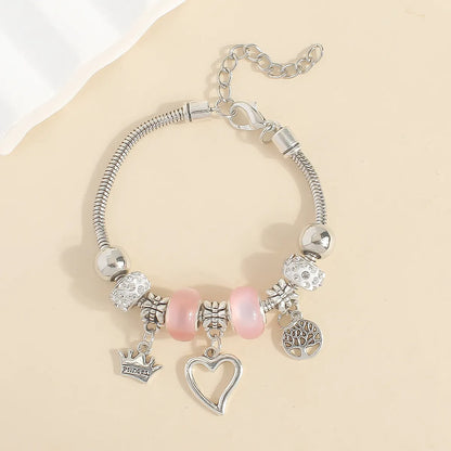 Blue Charm Princess Bracelet – Heart, Crown & Tree Pendant Beaded Bracelet