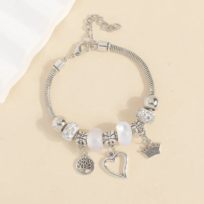 Blue Charm Princess Bracelet – Heart, Crown & Tree Pendant Beaded Bracelet