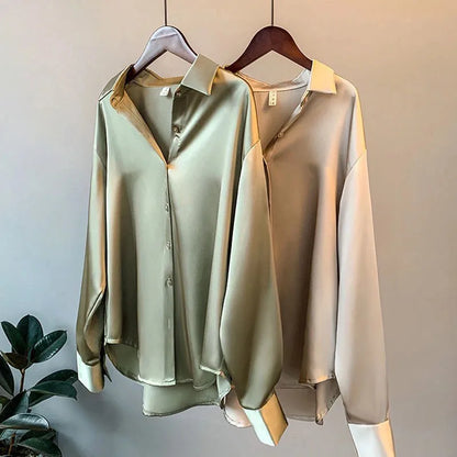 Women’s Elegant Satin Blouse – Solid Color Long Sleeve Button-Down Shirt with Relaxed Fit