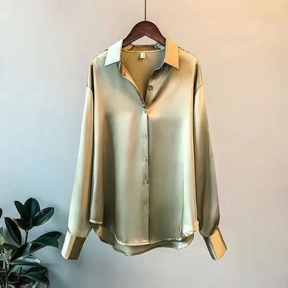 Women’s Elegant Satin Blouse – Solid Color Long Sleeve Button-Down Shirt with Relaxed Fit