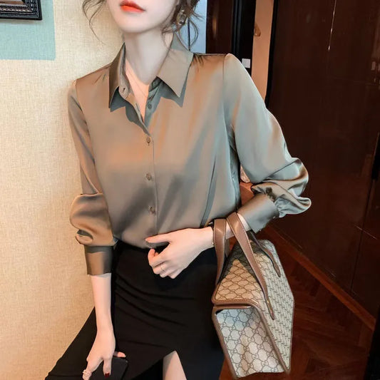 Women’s Elegant Satin Blouse – Solid Color Long Sleeve Button-Down Shirt with Relaxed Fit