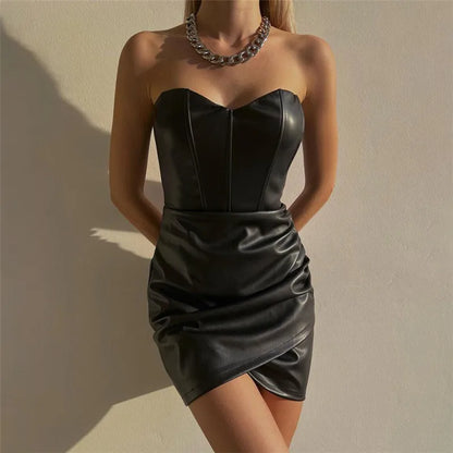 Women's Sexy Black Faux Leather Strapless Bodycon Mini Dress – Clubwear Party Outfit (Code: ZX#236)