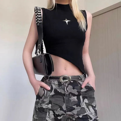 Women's Casual Gothic Style Solid Black Sleeveless Ribbed Knit Tank Top with Star Badge Detail