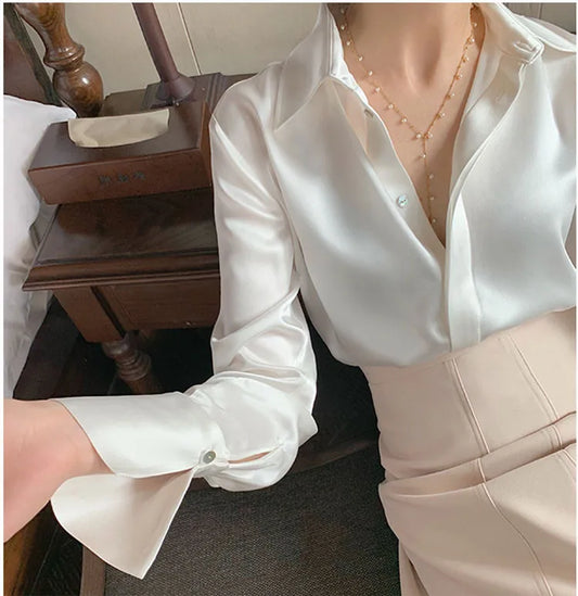 Women’s Elegant Satin Blouse – Solid Color Long Sleeve Button Down Office Top