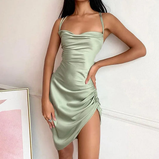 Women's Elegant Satin Ruched Side Slit Mini Dress – Sexy Sleeveless Party Wear