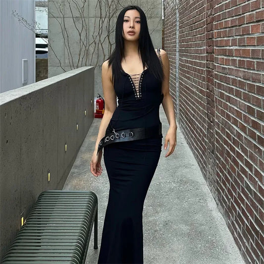 Women's Elegant Sexy Black Maxi Dress – Sleeveless Lace-Up Bodycon Sheath Gown with Slim Fit Party Style