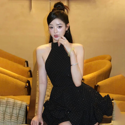Women's Elegant Halter Neck Polka Dot Mini Dress – Sexy Backless Sleeveless Ruffle Hem Party Outfit"