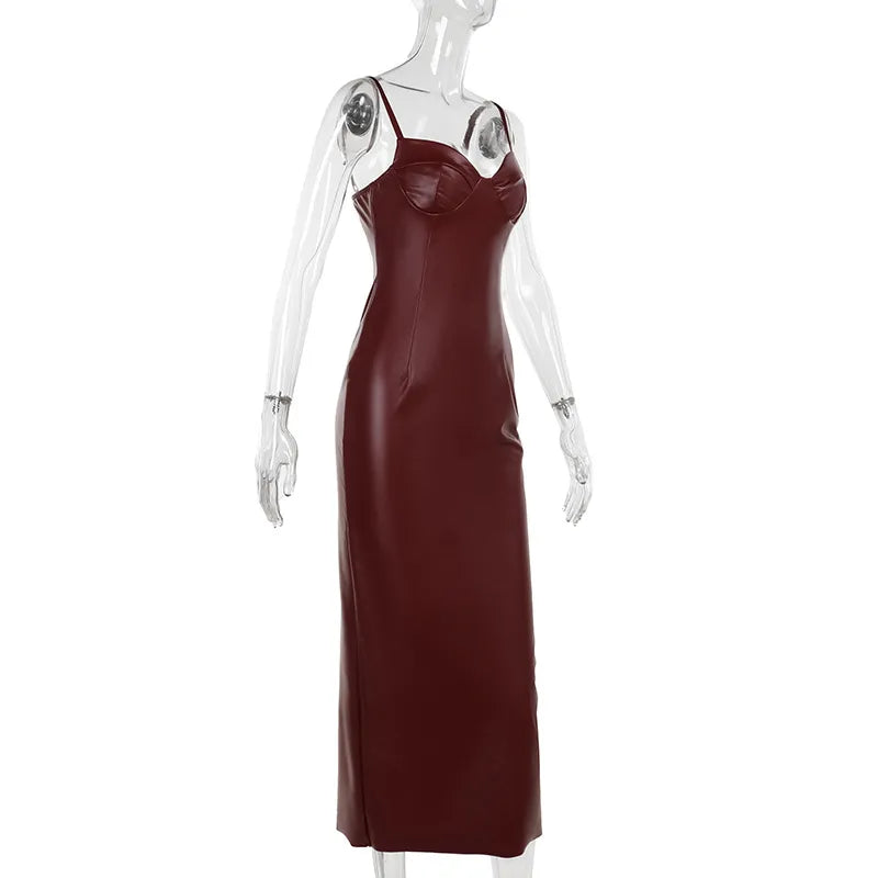 Women's Sexy Burgundy Faux Leather Bodycon Dress – Spaghetti Strap Sleeveless Cocktail Party Midi Outfit (Code: ZX#227)