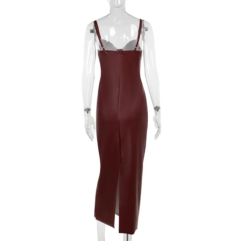 Women's Sexy Burgundy Faux Leather Bodycon Dress – Spaghetti Strap Sleeveless Cocktail Party Midi Outfit (Code: ZX#227)