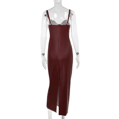 Women's Sexy Burgundy Faux Leather Bodycon Dress – Spaghetti Strap Sleeveless Cocktail Party Midi Outfit (Code: ZX#227)