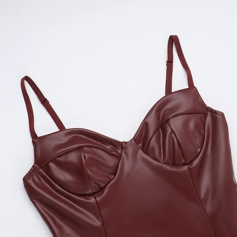 Women's Sexy Burgundy Faux Leather Bodycon Dress – Spaghetti Strap Sleeveless Cocktail Party Midi Outfit (Code: ZX#227)